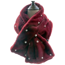 Новинка, зимние шарфы для женщин, имитация кроличьей шерсти, плюшевый шарф, шаль для женщин, сплошной цвет, толстый теплый меховой воротник, жемчужный нагрудник