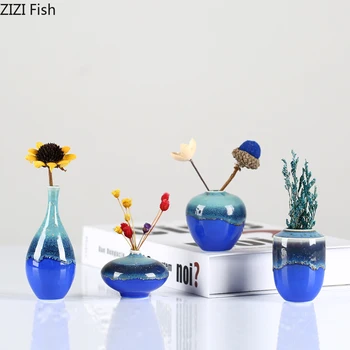 

Chinese Mini Ceramics Vase Small Vases Color Gradient Flower Insert Artificial Flowers Floral Home Decoration Accessories Modern