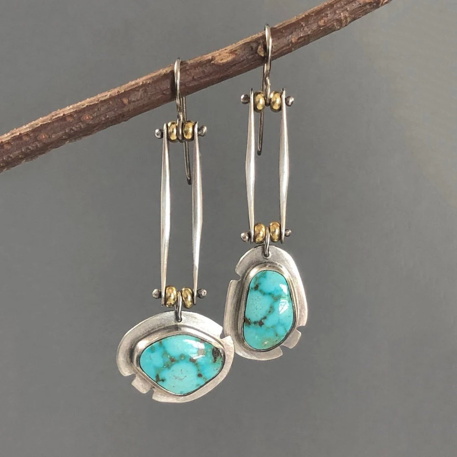 Boho Tibetan 925 Silver Turquoise Dangle Drop Hook Earrings Women Jewelry 