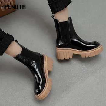 

2020 PENUTA gothic platform boots black patent leather ankle booties shoes Chunky High Heel Runway Shoes new rock boots D0079