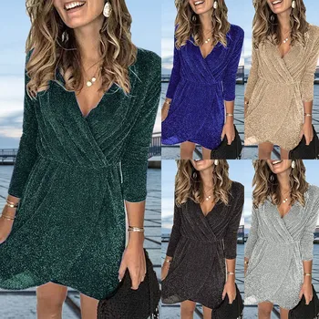 

factory Outlet Women V-Neck Sexy Party Irregular Evening Night Club Sequin Long Seleves Dress Support purchasing and wholesale