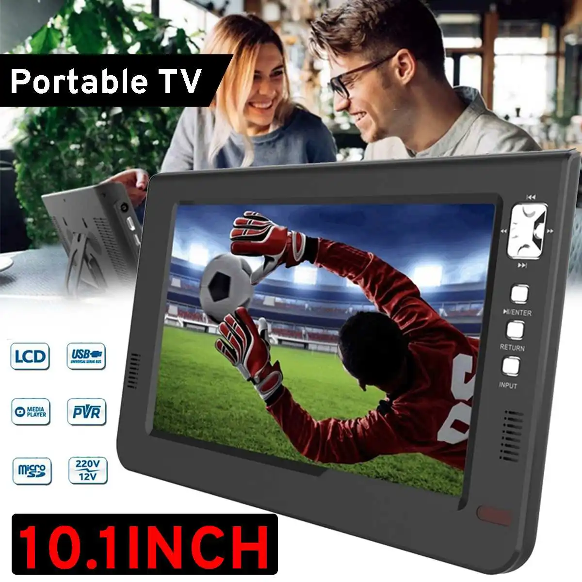 

12V 18W 10.1 Inch Portable Digital Analog Mini TV DVB-T / DVB-T2 TFT LED 1080P HD Car TV Support TF Card USB Audio Eu Plug