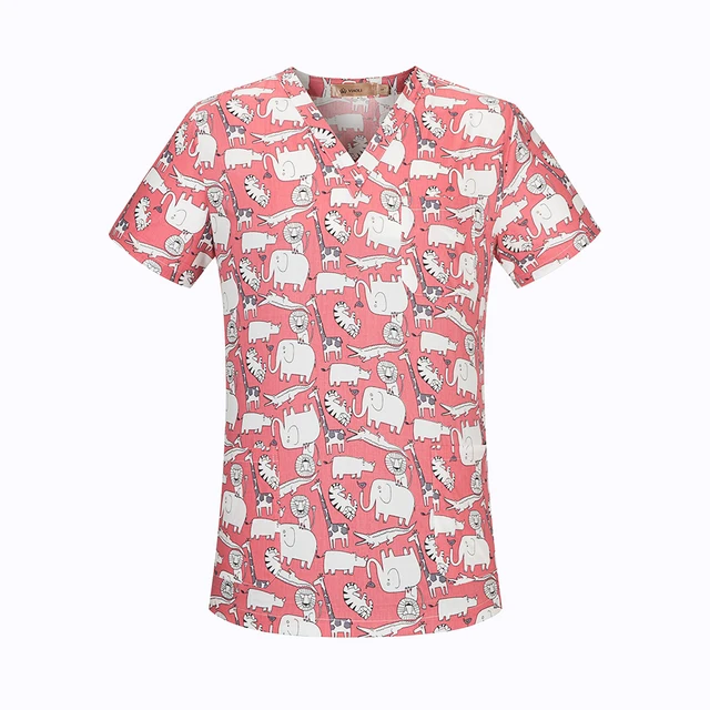viaoli Cotton Cartoon print spa uniform beauty salon Pet shop uniform Fashion Slim Fit top scrub clothes women scrubs lab coat top520002