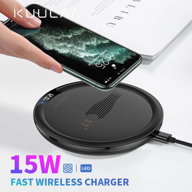 KUULAA 15W cargador inalámbrico para iPhone Pro X XS XR 8 ventilador de pantalla LED carga rápida cargador de teléfono inalámbrico para Xiaomi Mi9|Cargadores inalámbricos| - AliExpress