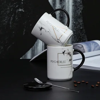 

Nordic Creative Marbled Ceramic Mugs with Lid Spoon Simple Home Breakfast Coffee Mug Milk Large Capacity Straight Cups for Women