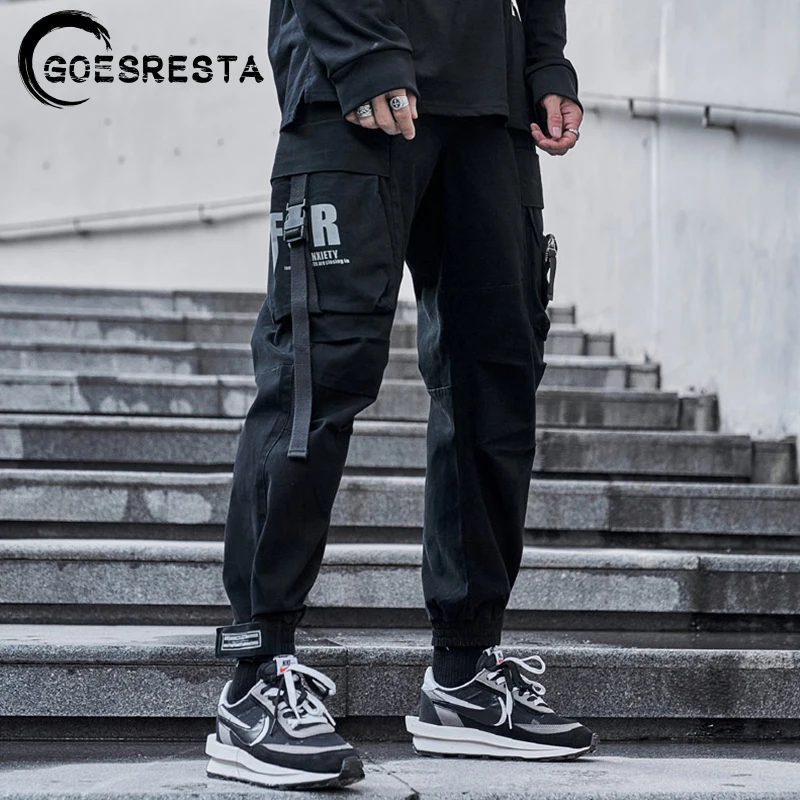 

2020 Hip Hop Streetwear Cargo Pants Pocket Men Harajuku Harem Pant Swag Ribbon Joggers Pants Black HipHop Sweatpants High Street