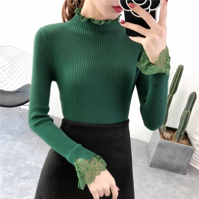 Элегантный милый свитер с высоким воротом, кружевной свитер для женщин, корейский весенний зеленый свитер, Зимний вязаный пуловер, женский джемпер, Женский пуловер - Цвет: Зеленый