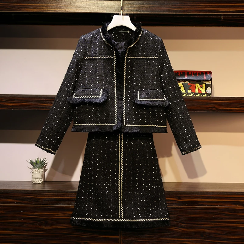 

HAMALIEL New Plus Size Tweed Women 2 Piece Set Fall Winter Plaid Tassel Blends Wool Thick Jacket Coat + Fringe A Line Skirt Set