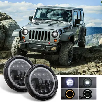 

400w 7 Inch Round Led Angel Eye Wrangler Headlights Off-road Work Light Three Eyes And Twelve Beads Hot