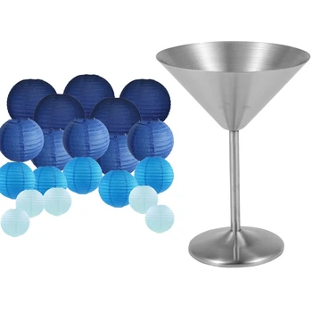 

1 Pcs 240Ml Stainless Steel Wine Glass Goblets Juice Drink Cup & 20 Pcs 6 Inch-12 Inch Blue Paper Lanterns
