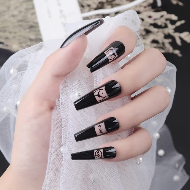 Uñas postizas de diseño Sexy para Ballet francés, accesorios para uñas  postizas, largas, negras, 24 piezas - AliExpress