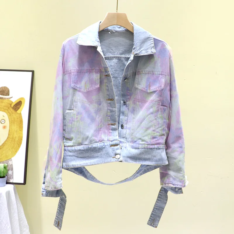 

Autumn Short Loose Plus size Tie-dye Mesh stitching Denim jacket women Hem Broken edge Jean jacket Fashion Casual Bomber jacket