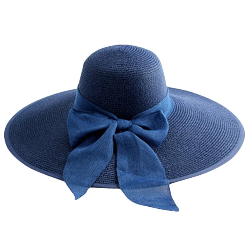 Blue Женская большая соломенная шляпа Bowknot Floppy Складная сворачивающаяся пляжная кепка шляпа от солнца - Цвет: Blue
