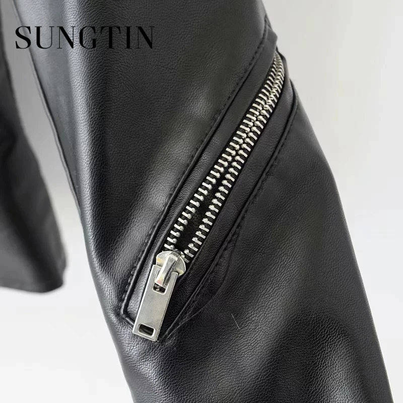 Sungtin Women Autumn Classic Black Pu Leather Jacket Winter New Short Soft Faux Leather Jacket Street Casual Biker Jacket Coat