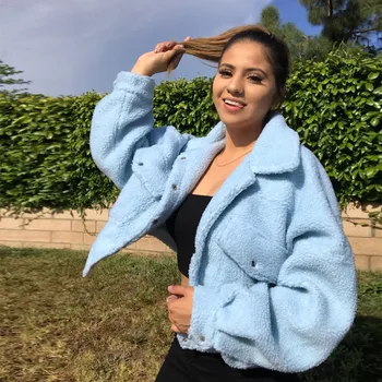 

Winter 2020 Soft Faux Fur Short Jacket Ladies Casual Long Sleeve Turn-down Collar Fleece Button Coat With Pockets White Blue