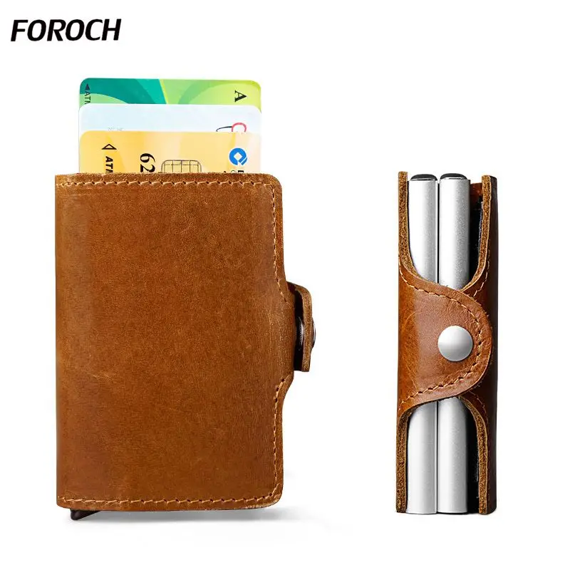 

Men Double Metal Credit Card Holder 585 Automatic Elastic Aluminum Card Wallet Genuine Leather Rfid Blocking Wallet Card Holder