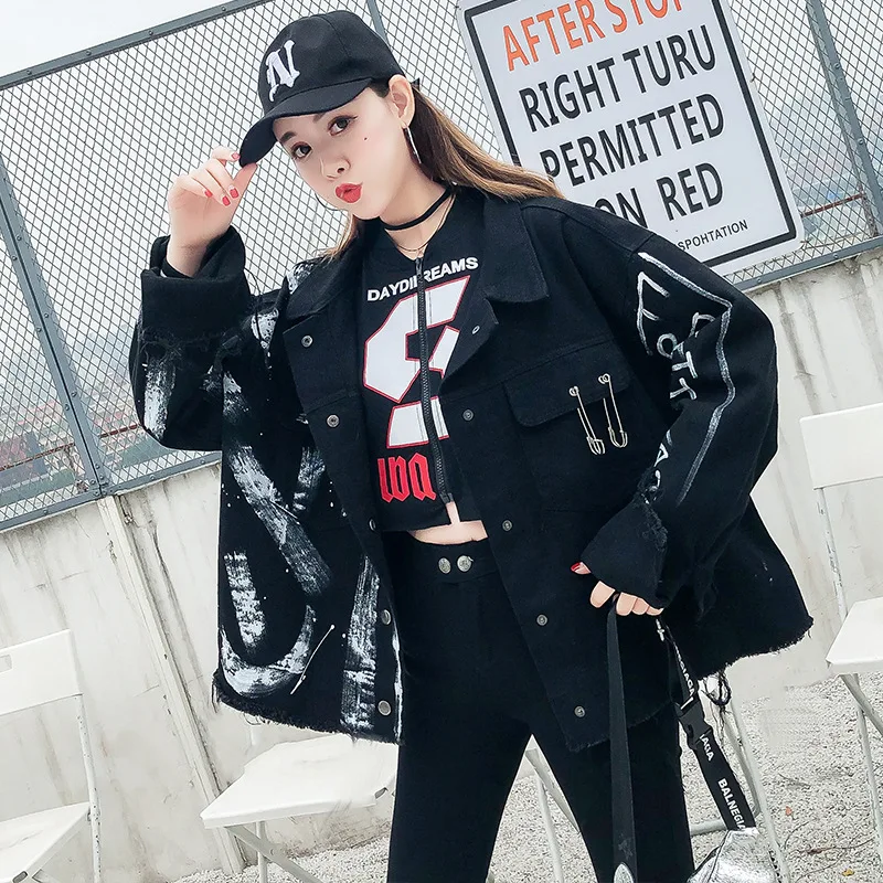 

Photo Shoot 2019 Autumn Loose-Fit Graffiti Hand-Painted Washing Big Pins Cowboy Jacket