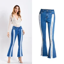 Брелок в виде двух боковое отверстие женские джинсы клёш тянущаяся Одежда для девочек с брюками-клеш, прямые джинсовые брюки для девочек возрастом для Для женщин джинсы стрейтч большого Размеры