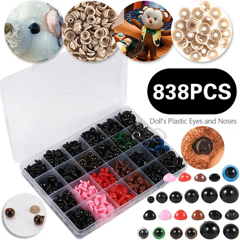 

838 Pcs DIY Plastic Colorful Assorted Size Safety Eyes and Noses with Washers for Plush Doll Toy Crafts