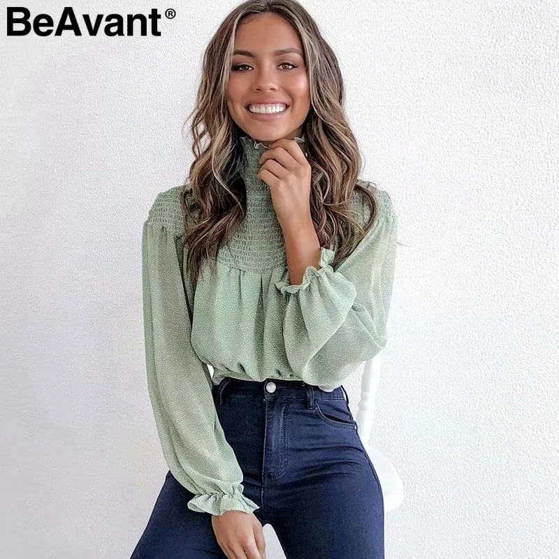 

BeAvant Elegant chiffon pleated blouse women Ruffled lace up dot female blouse Autumn winter office ladies cropped blouses