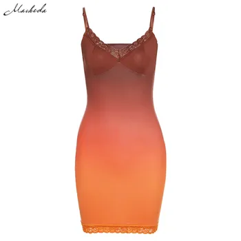 Macheda Orange Sexy Sling Bodycon Dress Women Fashion Sleeveless V Neck Lace Clothing Lady Casual