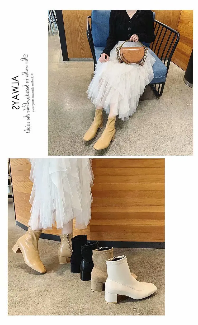 Chaussures femme/ г. Модные зимние Ботинки martin из флока на молнии с квадратным носком до середины икры плюшевые ботинки на не сужающемся книзу массивном каблуке