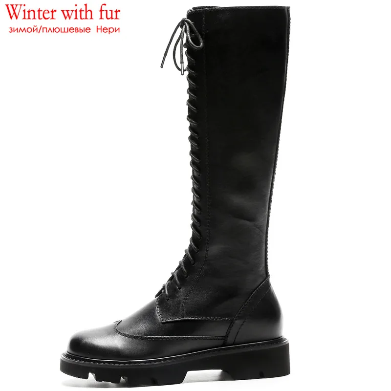 black with fur ASUMER/ г. Новые сапоги из натуральной кожи сапоги для верховой езды на молнии со шнуровкой черные зимние сапоги до колена на квадратном каблуке Женская обувь - Цвет: black with fur