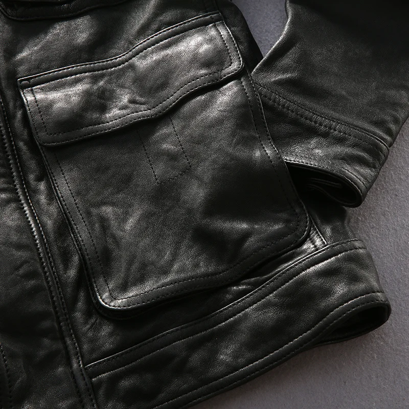 overland coats 2022 Classic Alpha M65 Leather Jacket Stand Collar Sheepskin Genuine Leather Jacket Men Slim Fit Black Motorcycle Coat bomber jacket sheepskin