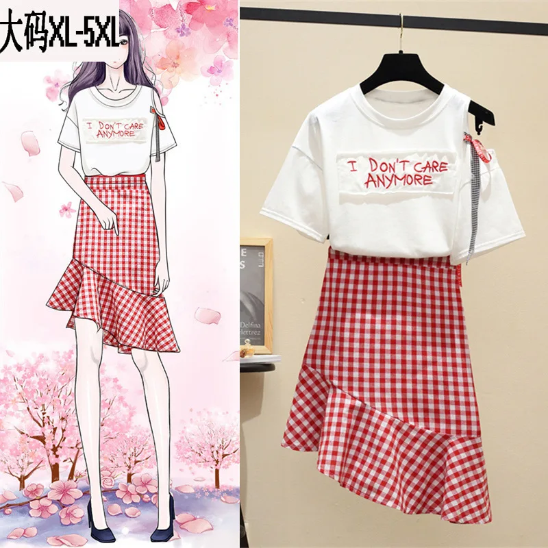 

2019 Summer Wear New Style Large Size Dress Fat Mm Trendy Letters T-shirt off-Shoulder Fishtail Skirt Slimming by Age WOMEN'S Su