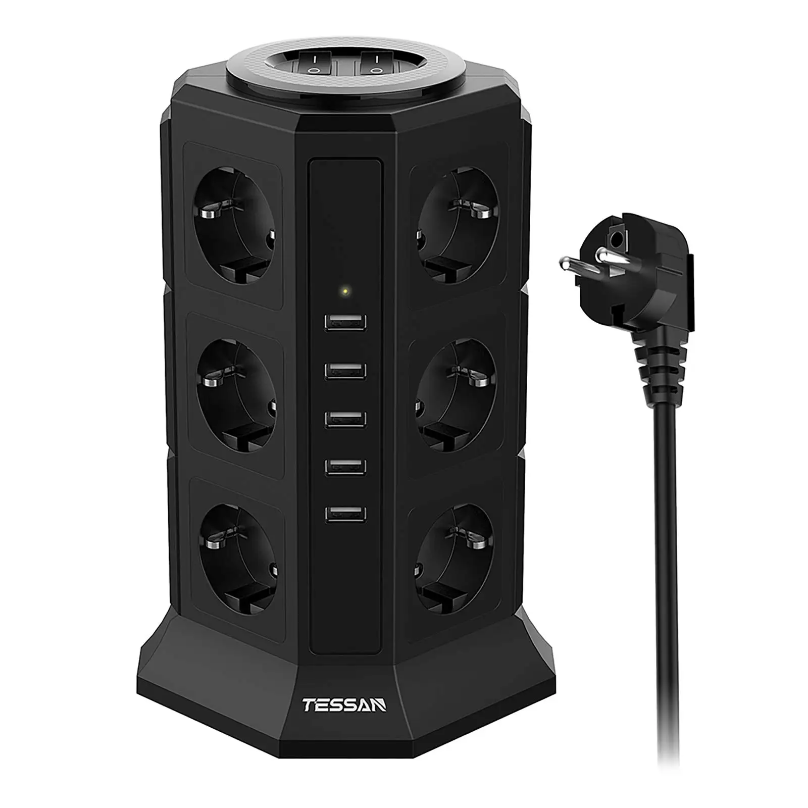 TESSAN 12-Way Socket Strip (2500W / 10A) 5 USB Ports, Multiple Sockets with Switch Overload Protection for Home Office, 2m cable
