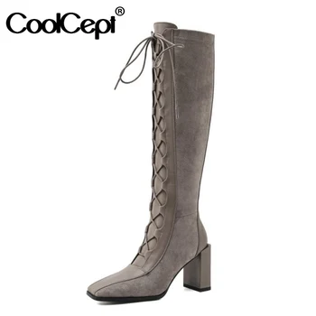 

CoolCept Size 33-44 Women High Heel Boots Real Leather Patchwork Lace Up Woman Knee High Boots Fashion Woman Winter Footwear