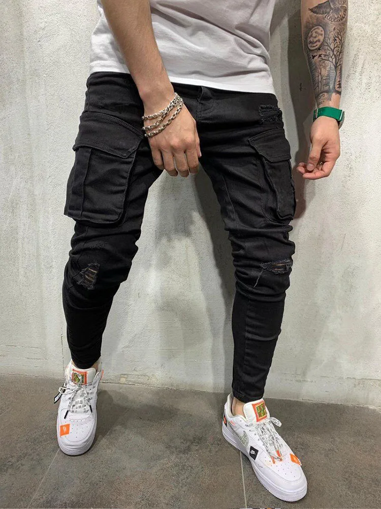 Men Stretchy Multi-pocket Skinny Ripped Jeans Men's Slim Fit Jogger Pencil Pants Fashion jeans Sweatpants Hip hop Trousers men jeans ripped jeans ripped patchwork jeans