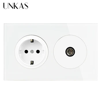 

UNKAS 16A EU Standard Port + Female TV Jack Wall Socket 146MM*86MM Luxurious Crystal Glass Panel Outlet