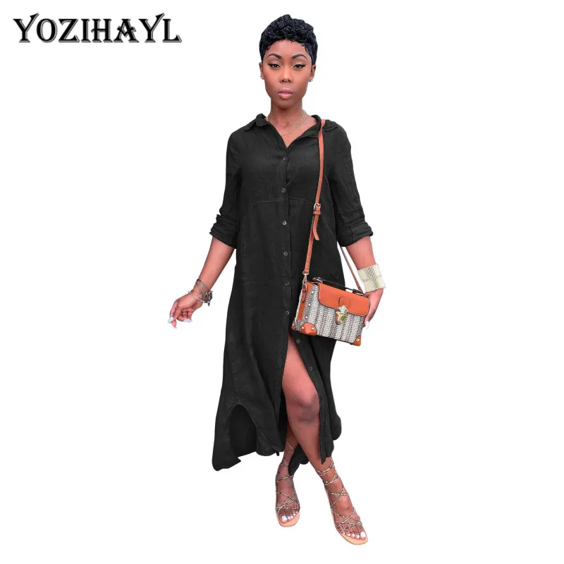 

Women Loose Shirt Dress Turn Down Collar Beach Dress Casual Long Sleeve Elegant Party Dress Vestidos Office Ladies Work Dresses