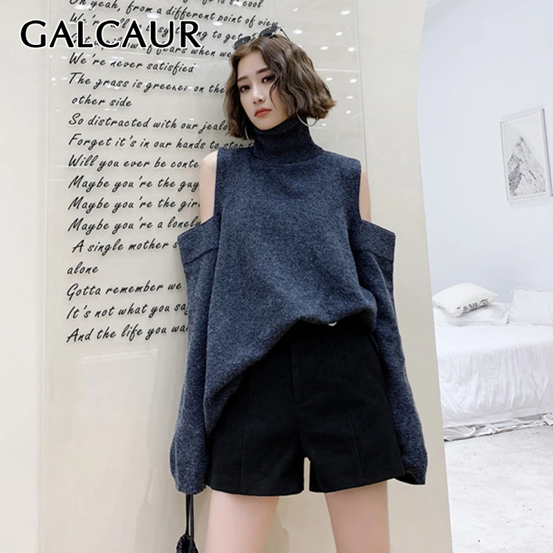 GALCAUR Korean Knitted Women's Sweater Turtleneck Long Sleeve Casual Hollow Out Elegant Pullover Female Sweaters 2020 Fashion | Женская
