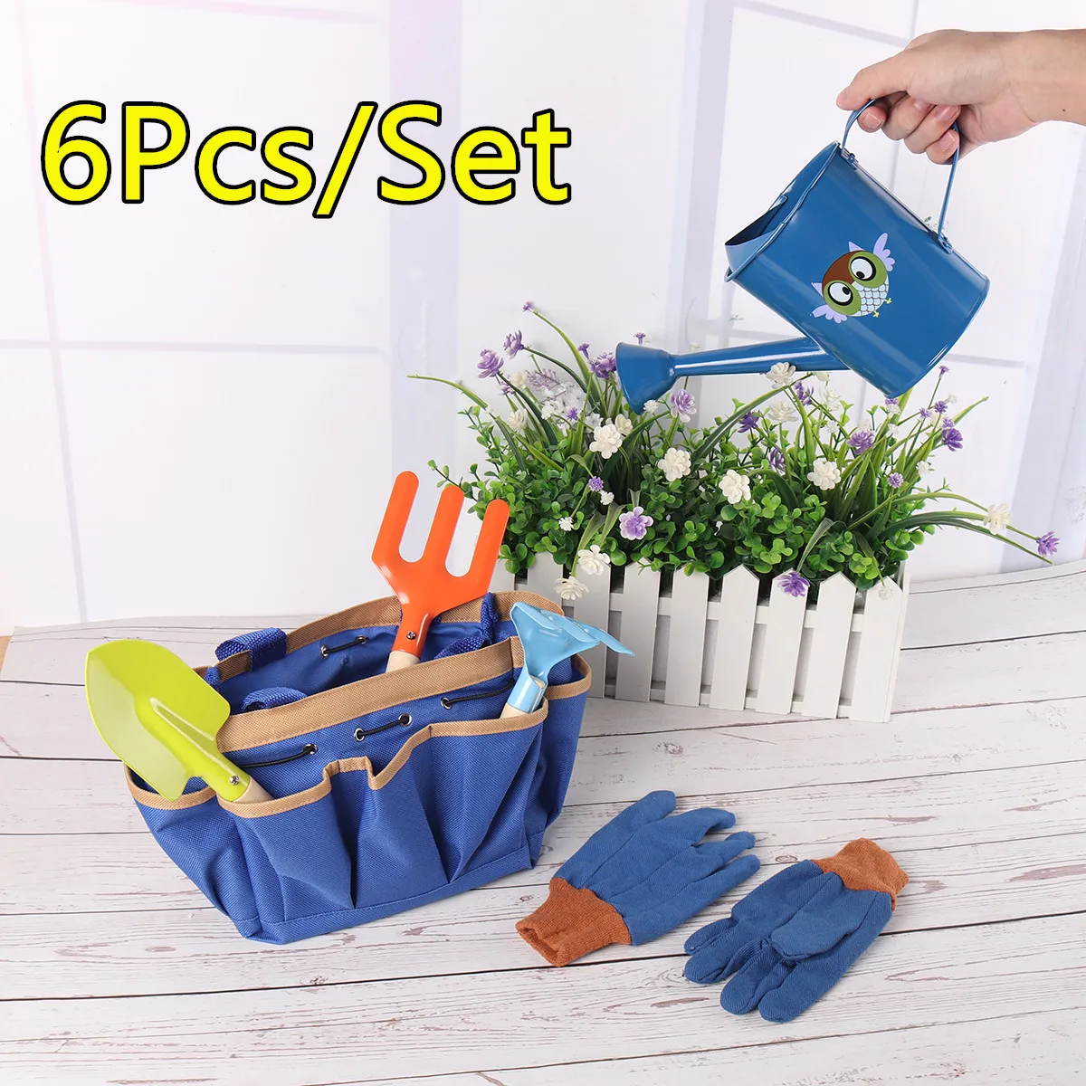 6Pcs Kids Gardening Tools Children Shovel Spade Fork Set Tote Bag Garden Yard