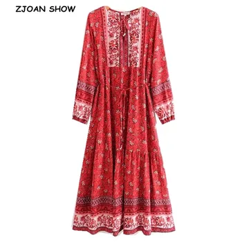 

Bohemian Lacing up V neck Red Floral Long Dress BOHO Ethnic Woman Bell Lacing up Waist Long Sleeve Tassel Holiday Dresses Beach