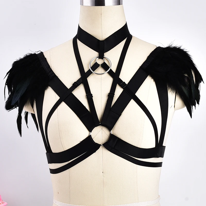 Pastel Goth Wedding Wings Feather Bra Sexy Body Harness  Epaulettes Feather Dress Fetish Festival Rave Wear Crop Top Body Cage