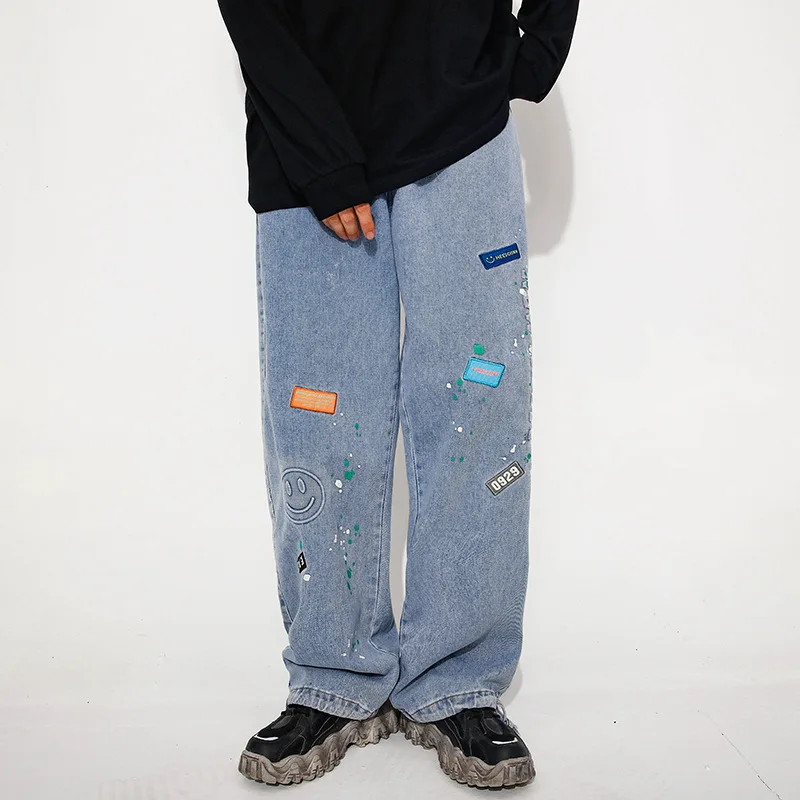 EukaaRu Smiling Face Print Baggy Jeans Hip Hop Men's Elastic Waist Wide Leg Pants Harajuku Fashion Women Loose Straight | Мужская