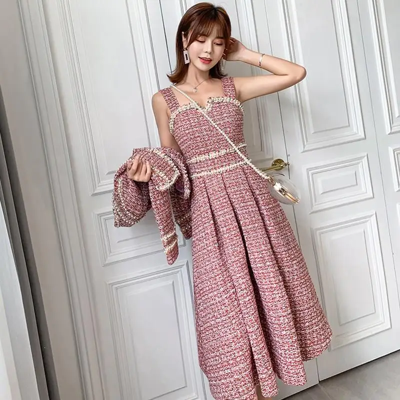 

New Fall Winter Short Jacket Coat And Vest Tweed Dresses Suits Beading Tweed Sets Elegant 2 Piece Women Sets
