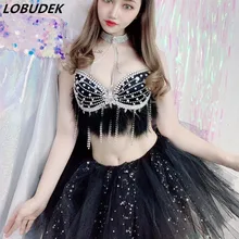 Жемчуг стразы бахрома черный бюстгальтер с перьями юбка комплект для женщин DJ певица Сексуальная сценическая одежда бар Rave вечерние шоу наряд клуб костюм