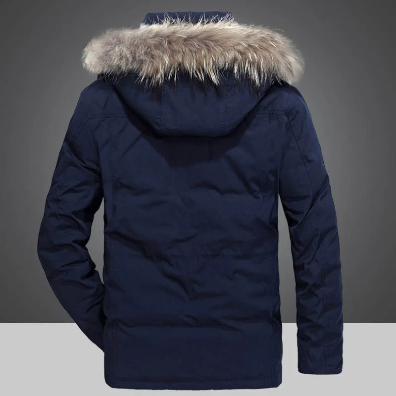 2021 Winter Men's Fashion Casual Down Jacket Mid-length Thick White Duck Down Warm Hooded Large Fur Collar Jacket