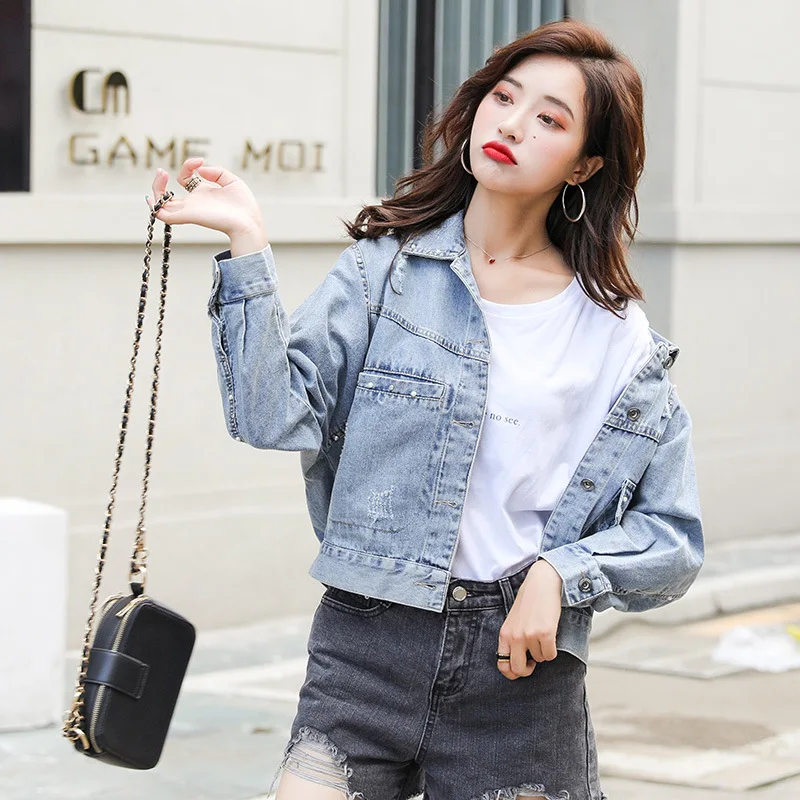 lower price  2019 Spring And Autumn Jeans Coat Women's Short Long Sleeve New Style Loose Cowboy Clothing Jacket 