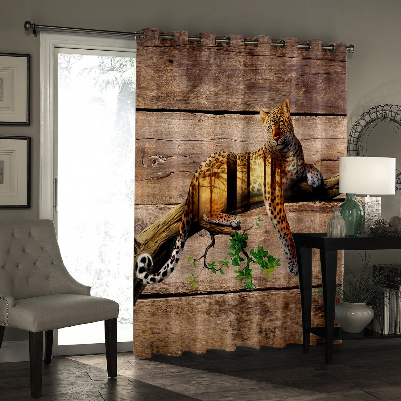 Double Exposure Wild Tiger On Antique Wood Background Window Treatment Hardware Sets Curtain