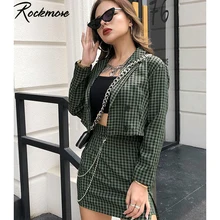 Rockmore клетчатая мини-юбка с цепочками в Корейском стиле, два предмета, высокая талия, выше Юбки До Колена, комплект для женщин, раскол, Harajuku, клетчатая уличная одежда