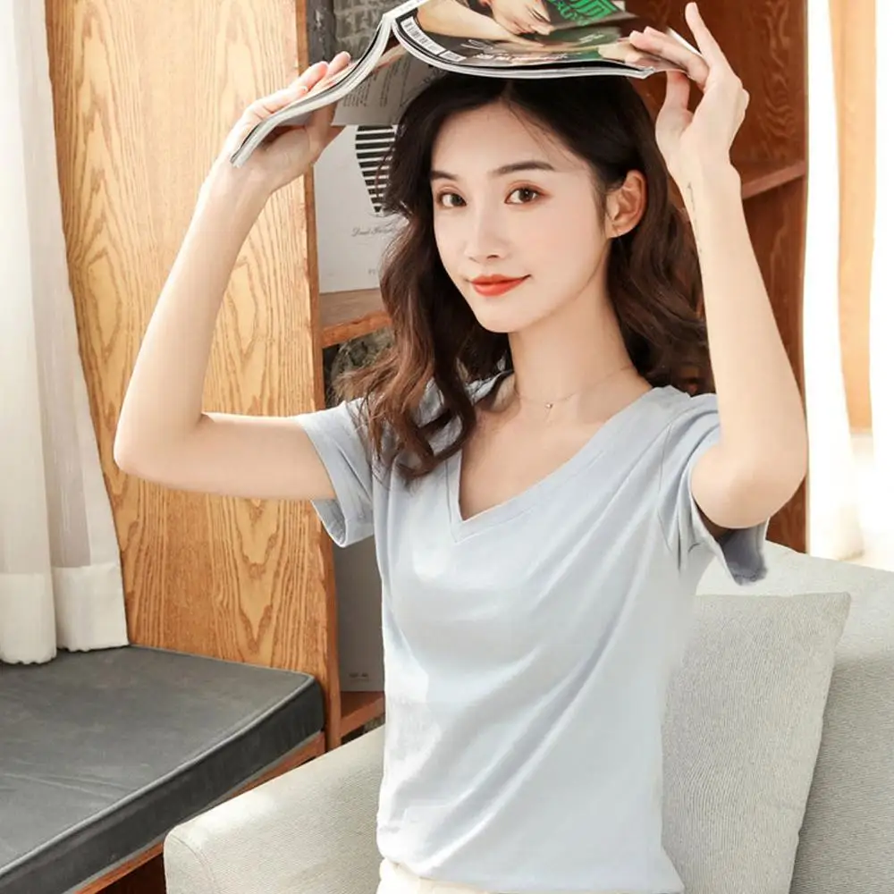 

2020 New Summer Female T-shirt Solid Color V-neck Women 98% Cotton S-3XL Plus Size Top Tee Shirt Slim Fit Short T