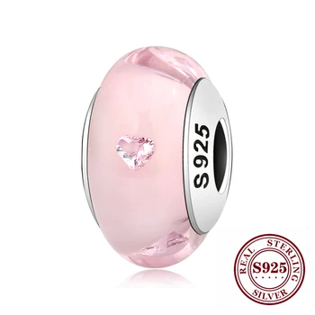 

100% Authentic 925 Sterling Silver Pink Heart Murano Glass Beads Fit Original Pandora Charms Bracelet Jewelry
