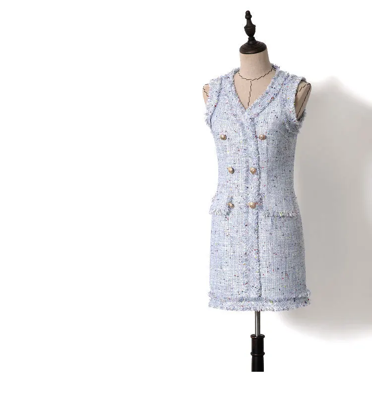 Women sexy double breasted gold color button Bodycon tweed dress tassel sleeveless sheath mini dresses autumn blue Vestidos