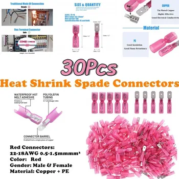 

30PCS Spade Seal Heat Electrical Shrink Quick Disconnect Wire Butt Terminals Connectors Kit Male/Female Red Insulated