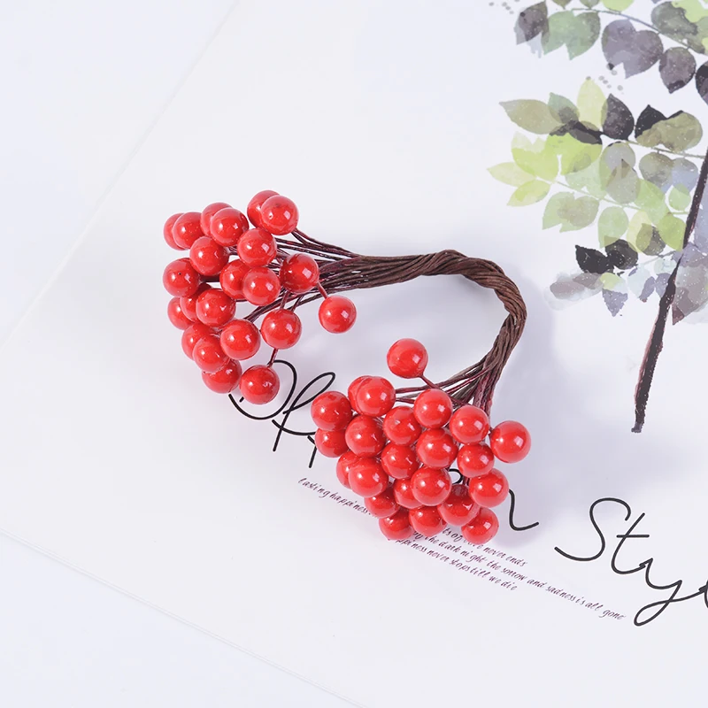 Artificial Flowers 25pcs 50heads Artificial Flower Christmas Berry Bacca For Wedding Decoration DIY Scrapbooking Decorative Wreath Fake Flowers